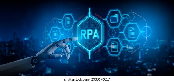 RPA (Robotic Process Automation system),Artificial intelligence , Robot finger,robo advisor ,Big data and business concept.Robot finger on blurred background using digital RPA interface.