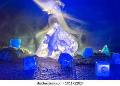 RPG scene of a backlit salt crystal and blue rpg dice on a leather surface