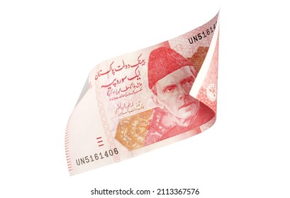 Rs 100 Pakistani Rupees Bank note curled on both sides on white background -Money - finance -currency - Shutterstock ID 2113367576