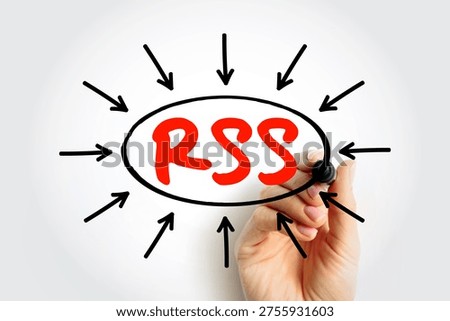 RSS Really Simple Syndication acronym handwritten on board with arrows. Web feed format used to publish frequently updated works like blog entries, news headlines, and audio in standard form
