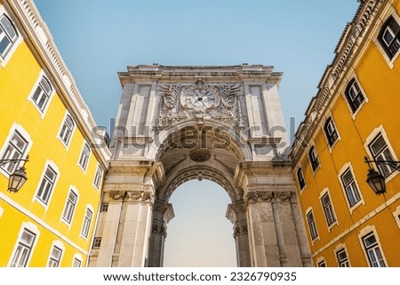 Rua Augusta Arch, Arco da Rua Augusta in Lisbon, the capital city of Portugal. Triumphal arch on the Praça do Comércio, Commerce square.