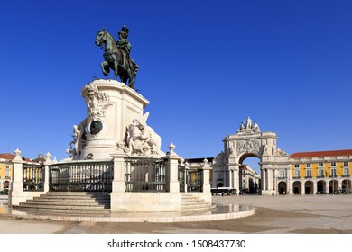 Rua Augusta Arch And Statue Of King Jose I. Next To The Praça Do Comércio (Commerce Square) In Lisbon, Portugal
