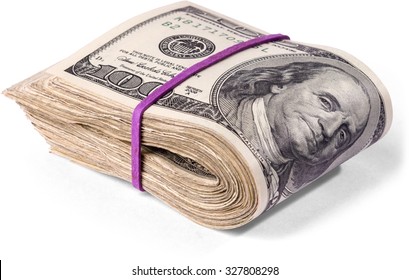 rubber banded wad of one hundred dollar bills - Shutterstock ID 327808298
