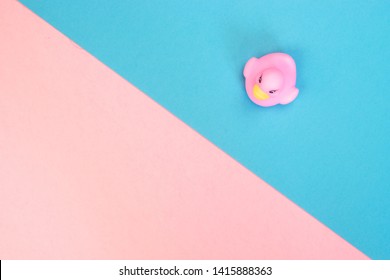 Rubber Bath Duck On Colorful Background. Top View On Toy Rubber Duck. Toy Play For Kid Ducky Floating. Pink, Blue Background.