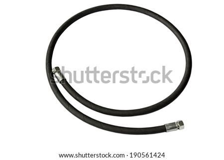 Rubber black industrial hose with fittings isolated on white background.