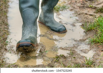 With rubber boots through the mud. Farmer goes with his rubber boots in the muddy lane of his tractor across the field. Front view.