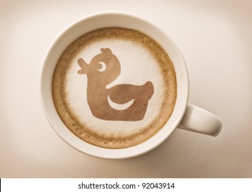 Rubber Duck Drawing Latte Art On Coffee Cup