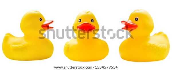rubber ducks\
isolated on a white\
background