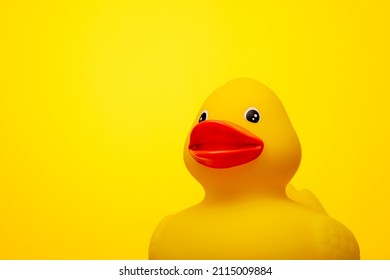 Rubber Ducky In The Bathtub. Yellow Duck Made Of Plastic In The Tub. Child Playing Toy In The Bathroom.