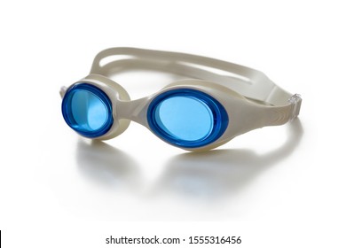 Rubber Goggles For Sport Swimming, White Color, With Blue Glasses, Isolated On White Background