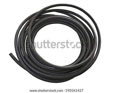 Rubber hose coil isolated on white. Industrial hydraulic tube.