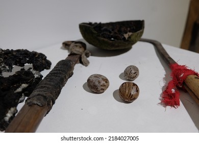 Rubber Seeds And Tools For Tapping Rubber Tree Sap.