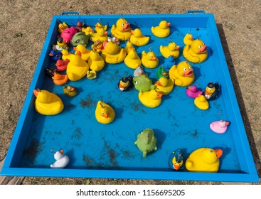 Rubber Yellow Ducks With Hooks In Their Heads. Fairground Hook A Rubber Duck Chance Game.