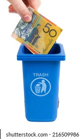 Rubbish Bin With Australian Money Isolated On White