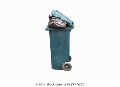 Rubbish bin garbage square shape green with flip cover black bag inside casters isolated on white background. Old dirty trash cans plastic. Waste collection equipment in park.