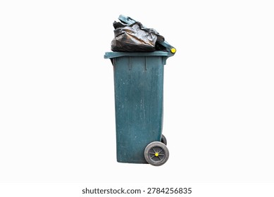 Rubbish bin garbage square shape green with flip cover black bag inside casters. Old dirty trash cans plastic. Waste collection equipment in park. Isolated on white background.