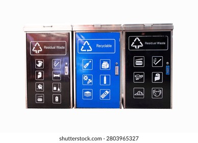 Rubbish bin garbage square shape geometry black, blue aluminum with symbol icon Recyclable, Residual waste text read isolated on white background. Collection equipment in park.