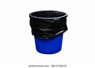Rubbish bin garbage square shape blue with black plastic bag lining inside isolated on white background. Old dirty trash cans plastic. Waste collection equipment in park.