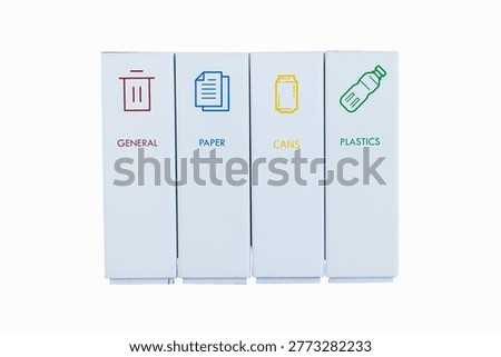 Rubbish bin garbage square shape geometry white plastic icon general, paper, can, text read isolated on white background. Waste collection equipment in park. Protect environment.