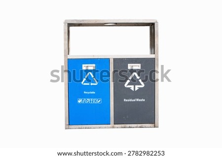 Rubbish bin garbage square shape geometry grey, blue aluminum with icon Recyclable, Residual Waste text read Isolated on cut out PNG or transparent background. Waste collection equipment in park.	