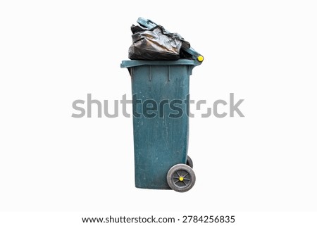 Rubbish bin garbage square shape green with flip cover black bag inside casters. Old dirty trash cans plastic. Waste collection equipment in park. Isolated on white background.