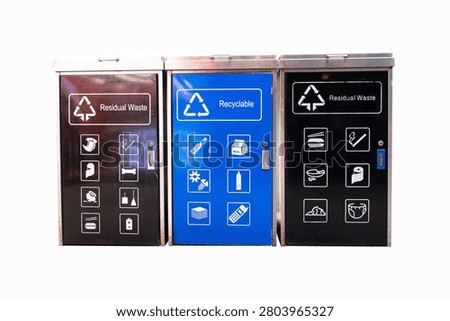 Rubbish bin garbage square shape geometry black, blue aluminum with symbol icon Recyclable, Residual waste text read isolated on white background. Collection equipment in park.