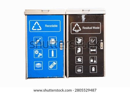 Rubbish bin garbage square shape geometry black, blue aluminum with symbol icon Recyclable, Residual waste text read. Collection equipment in park. Isolated on white background. 