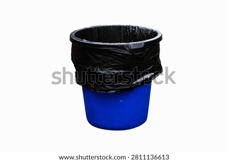 Rubbish bin garbage square shape blue with black plastic bag lining inside isolated on white background. Old dirty trash cans plastic. Waste collection equipment in park.