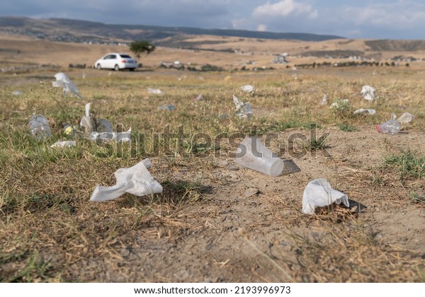 Rubbish from garbage dumb scattered on yellowed\
grass of meadow causing environmental pollution in wild area.\
Plastic cups and bags lie in countryside under cloudy sky in\
summer. Ecological\
problem