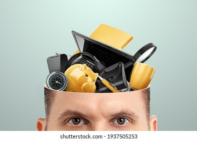 Rubbish In The Head, A Man's Head Is Open Instead Of A Brain, Various Office Rubbish. Creative Background, Unnecessary Information, Useless Knowledge, Wrong Thinking