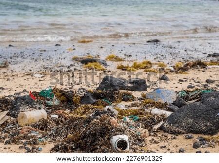 a lot of rubbish was washed up on a beach. There are ropes, plastic waste, containers, animals can be injured, environmental pollution, an environmental catastrophe