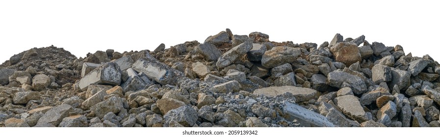 rubble ruin brick building wall broken demolition destruction pile isolated on white background. Plant cutout Clipping path.
