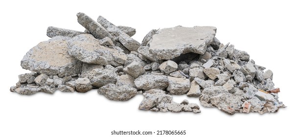 rubble ruin brick building wall broken demolition destruction pile isolated on white background. Plant cutout Clipping path.