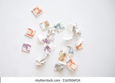 Rubles. Crumpled wrappers. Depreciation of money.