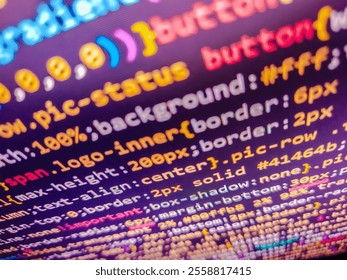 Ruby backend codes. Abstract background of digital binary code of software. Finance and economic graphs. Pink color. Blue banner with php language code on development monitor. Datacenter backup.