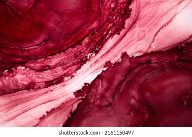 Ruby pink ink abstract background, marble texture, fluid art pattern wallpaper, paint mix underwater wavy spots and stains