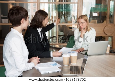 Rude angry businessman firing upset frustrated businesswoman telling to leave meeting, humiliation and harassment, conflict disagreement at workplace, sexism and gender discrimination at work concept