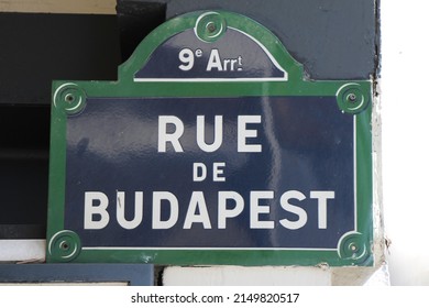 Rue de Budapest street sign (Budapest Street), one of the most famous streets in Paris, France.