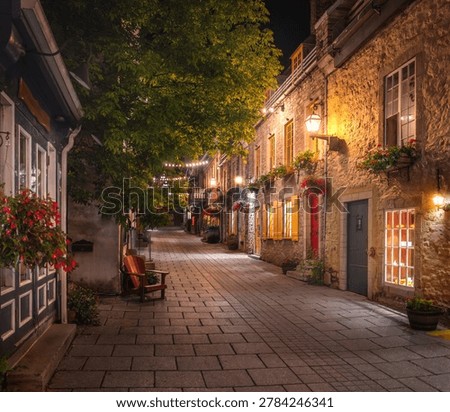 Rue du Petit Champlain in Old Quebec Lower Town (Basse-Ville) at night - Quebec City, Quebec, Canada