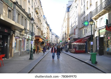 Rue Montorgueil, One Of Historic Area, Now A Popular Street Food, In Paris, France, April 19, 2016