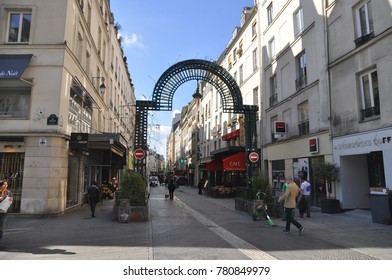 Rue Montorgueil, One Of Historic Area, Now A Popular Street Food, In Paris, France, April 19, 2016