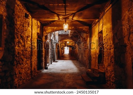 The Rue Obscure of Villefranche-sur-Mer, a 130-meter covered street dating from 1260, located along the first city wall.