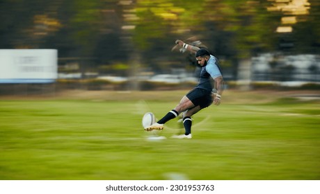 Rugby, action and black man kicking ball to score goal on field at game, match or practice workout. Sports, fitness and motion, player running to kick at poles on grass with energy and skill in sport - Powered by Shutterstock