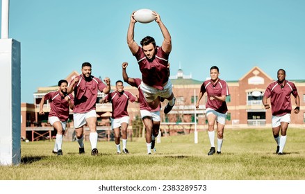 Rugby, athlete on field and sports game with men, team running and player score a try with ball, fitness and active outdoor. Exercise, championship match and teamwork with cheers, action and energy - Powered by Shutterstock