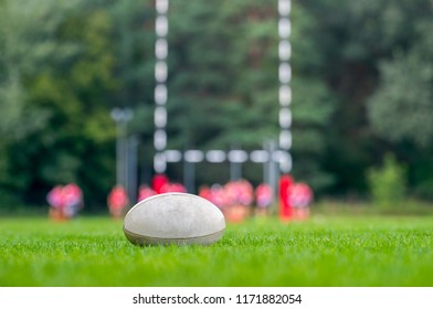 Rugby ball at green grass. Photo taken at rugby match. - Powered by Shutterstock