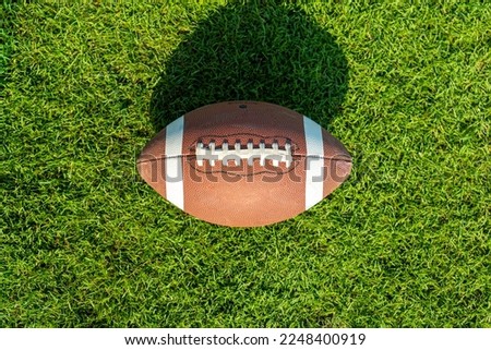 Rugby ball on a patch of grass. national sport in the United States of America. top view,