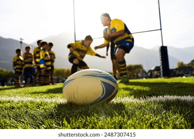 Rugby ball with rugby players