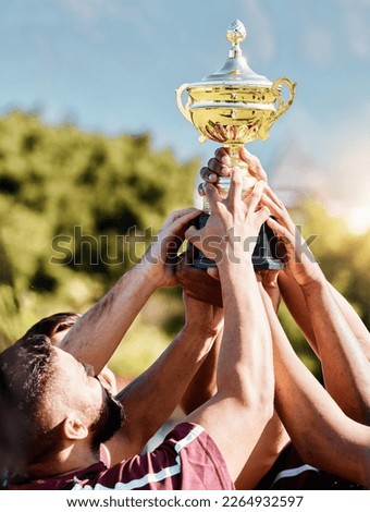 Rugby, champion or hands of team with trophy for achievement, goals or group success together. Celebration, gold winner or happy people with cups awards for winning a sports competition or tournament
