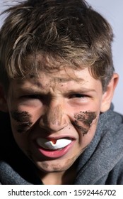 Rugby Children's Player. Close-up, With His Mouth Guard.