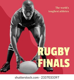 Rugby finals text in yellow on red with african american male rugby player placing ball. Sports league final round games promotion, the world's toughest athletes campaign, digitally generated image. - Powered by Shutterstock